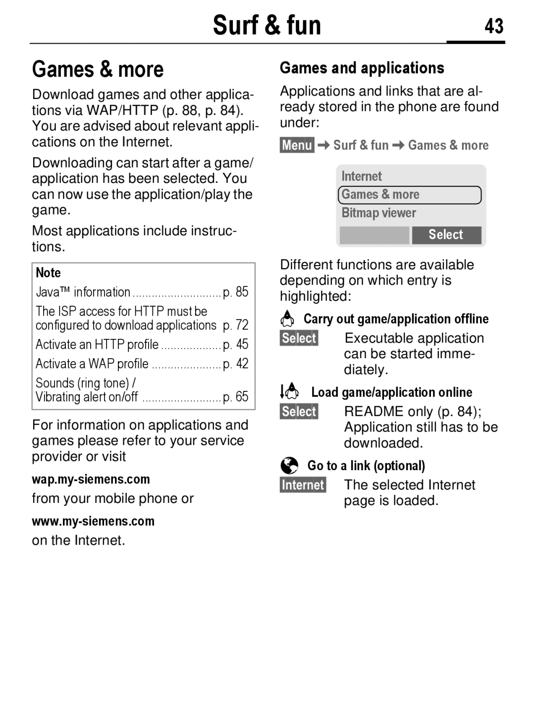 Siemens C56 manual Games and applications, §Menu§Surf & funGames & more Internet Bitmap viewer 