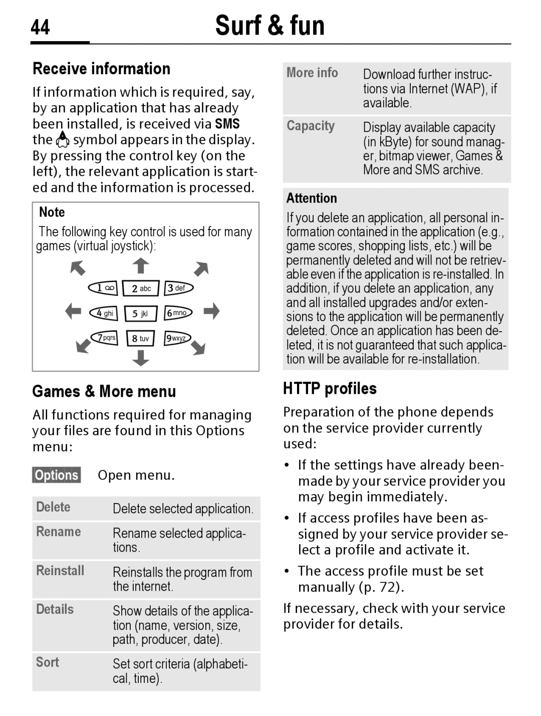 Siemens C56 manual Receive information, Games & More menu, Http profiles, Reinstall, Details 