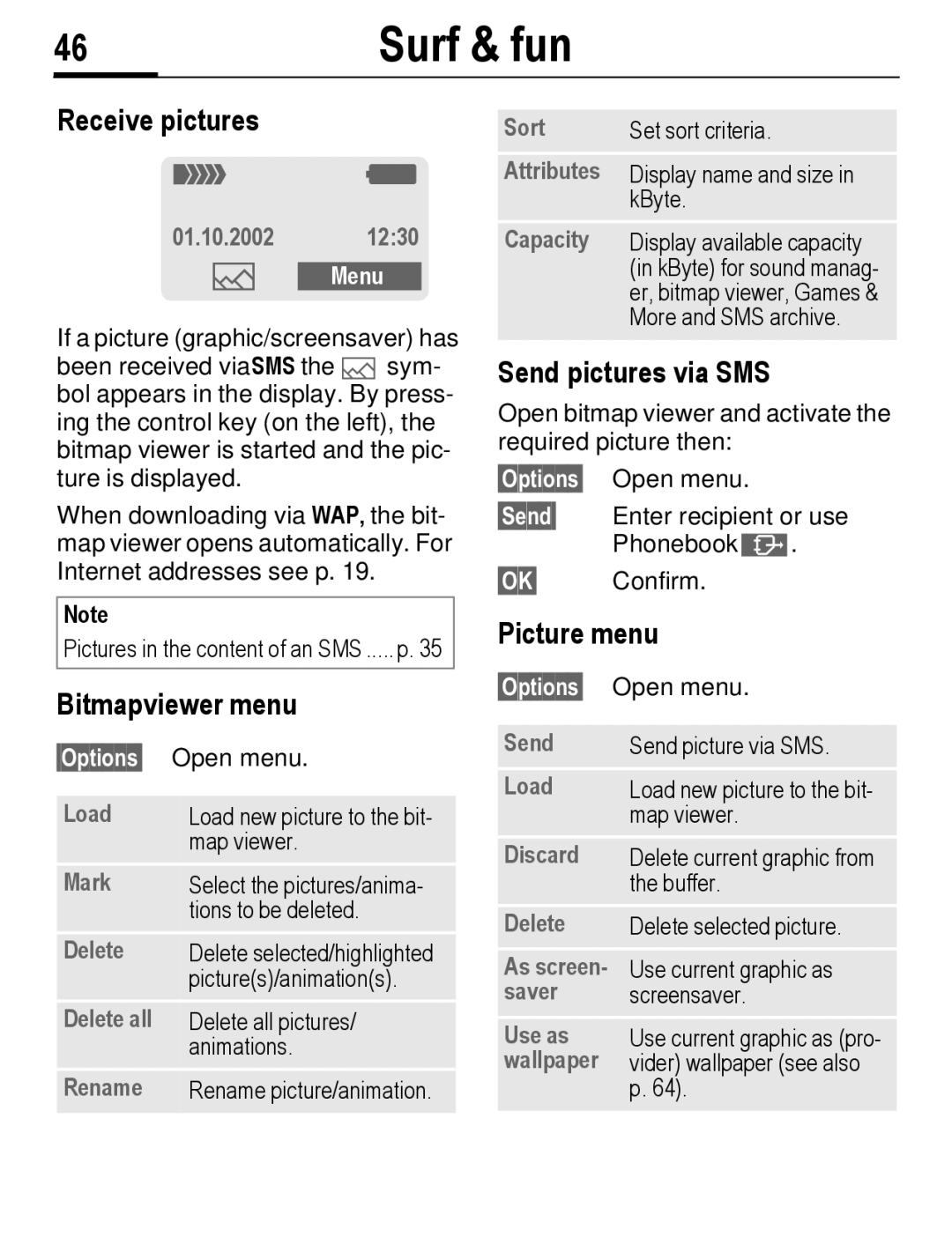 Siemens C56 manual Receive pictures, Bitmapviewer menu, Send pictures via SMS, Picture menu, ` Menu 