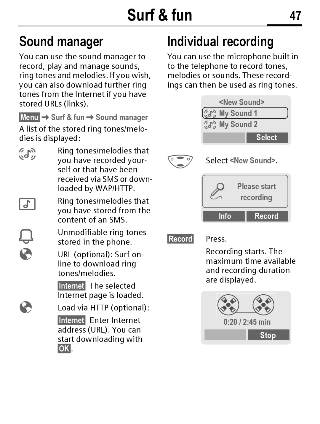 Siemens C56 manual Sound manager, Individual recording, Info Record 