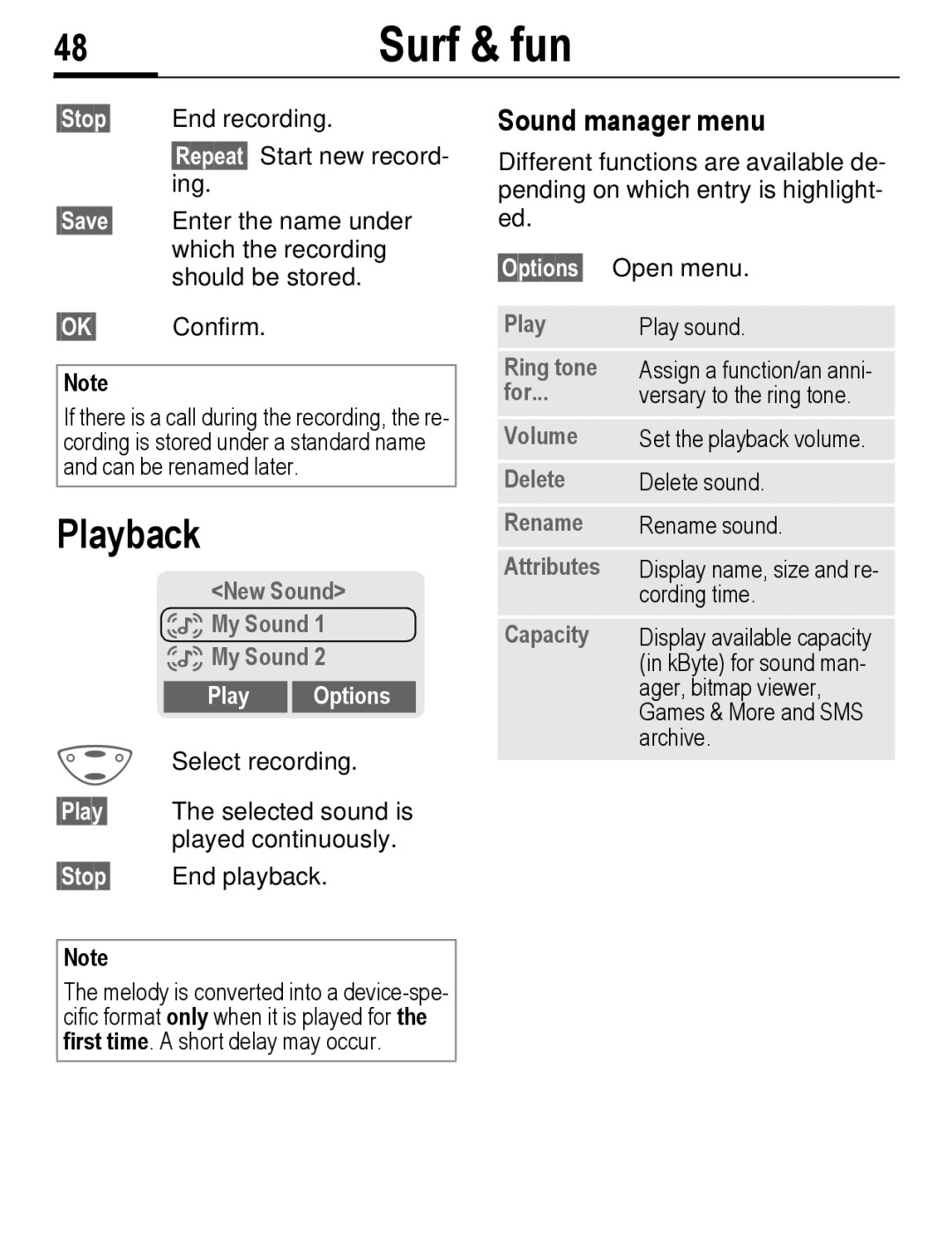 Siemens C56 manual Playback, Sound manager menu, Play Options 