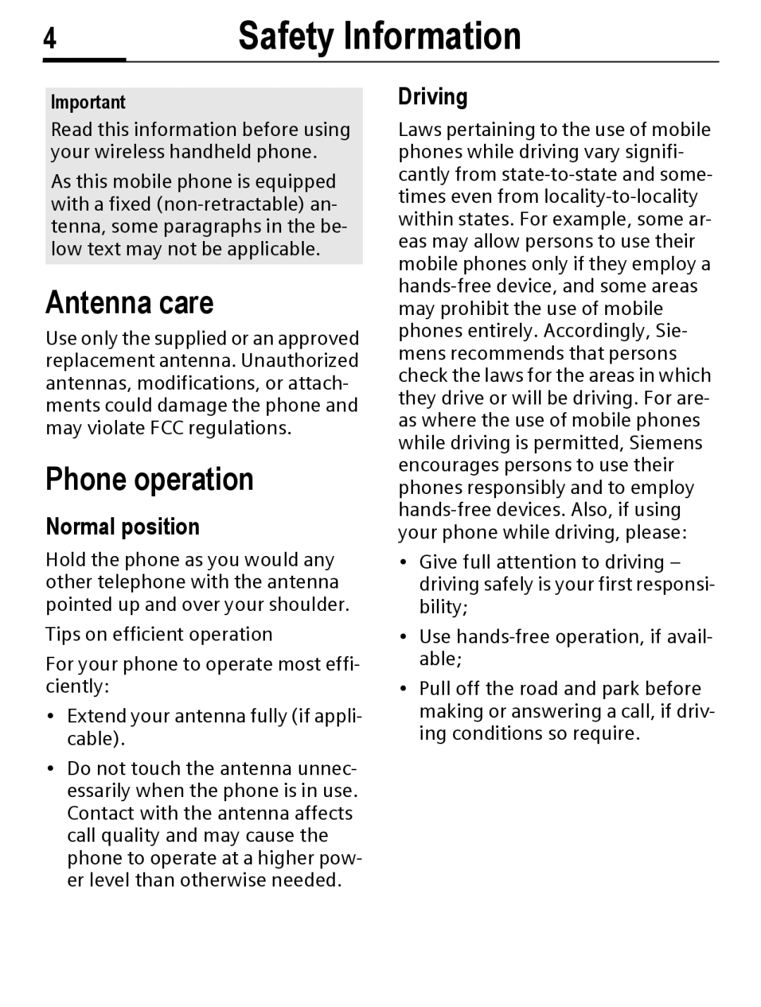 Siemens C56 manual Safety Information, Antenna care, Phone operation, Normal position, Driving 