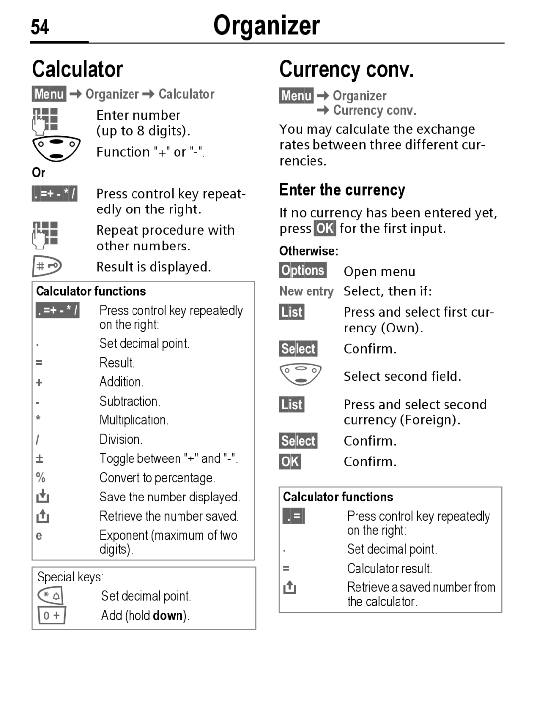 Siemens C56 manual 54Organizer, Calculator, Currency conv, Enter the currency 