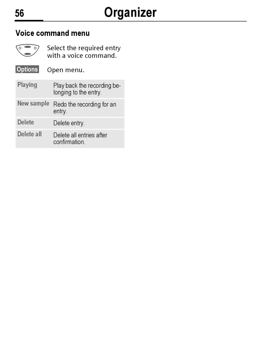 Siemens C56 manual 56Organizer, Voice command menu,  Select the required entry with a voice command, Confirmation 