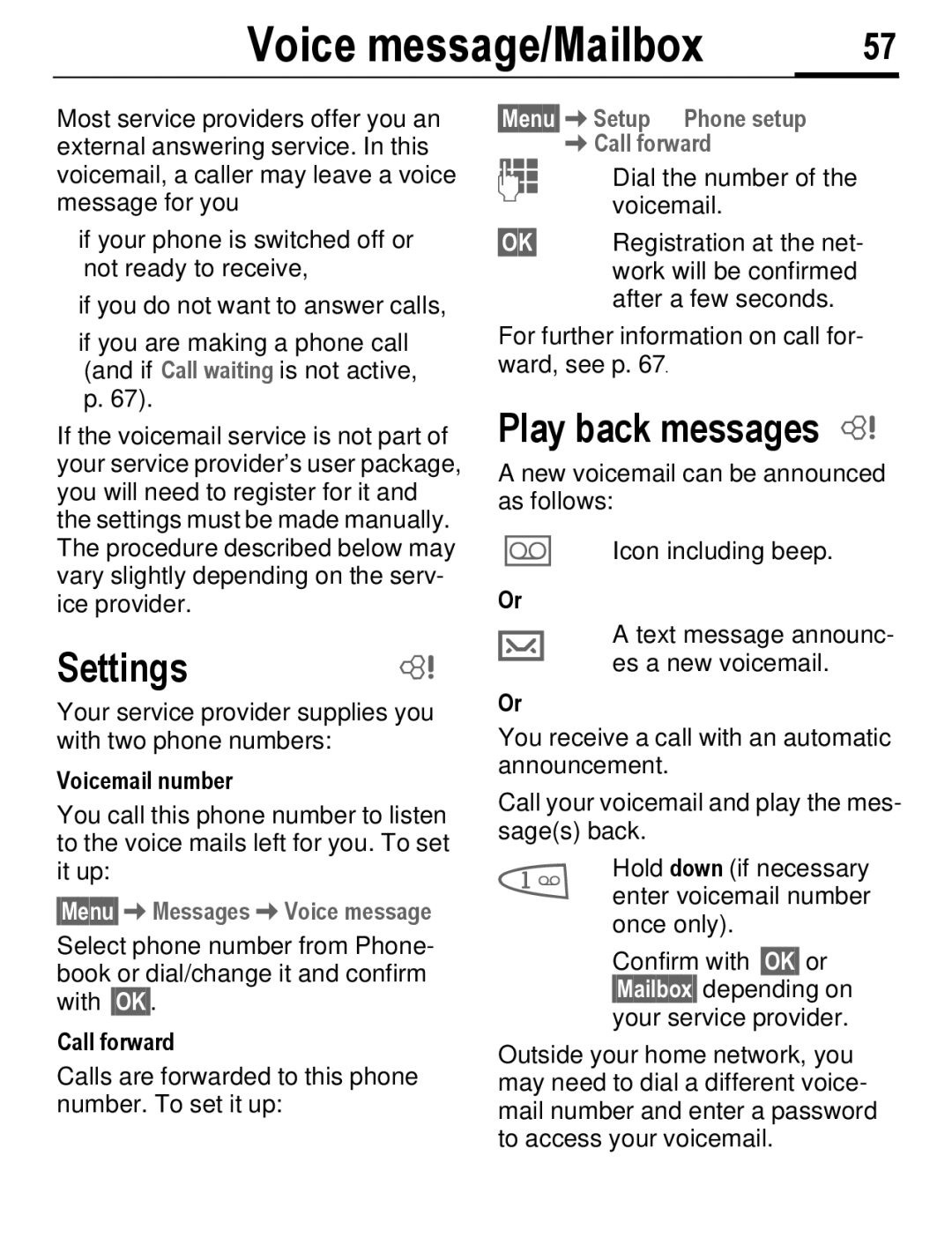 Siemens C56 manual Voice message/Mailbox, Settings, Play back messages , §Menu§MessagesVoice message 