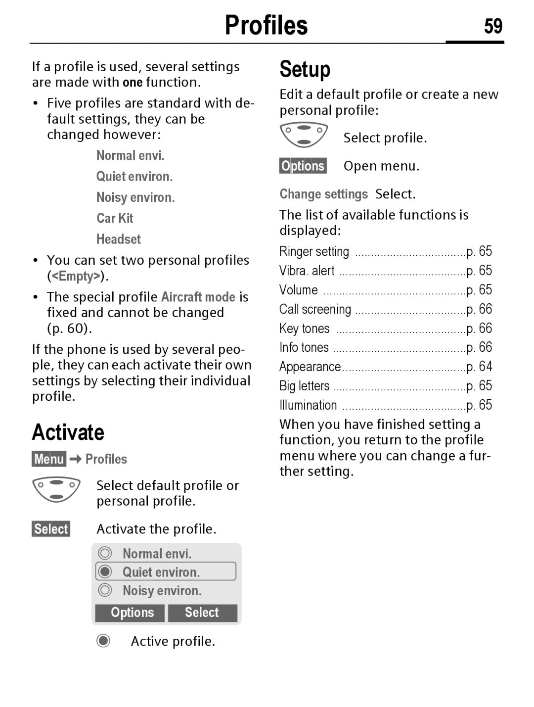 Siemens C56 manual Profiles59, Activate, Setup, Options Select 