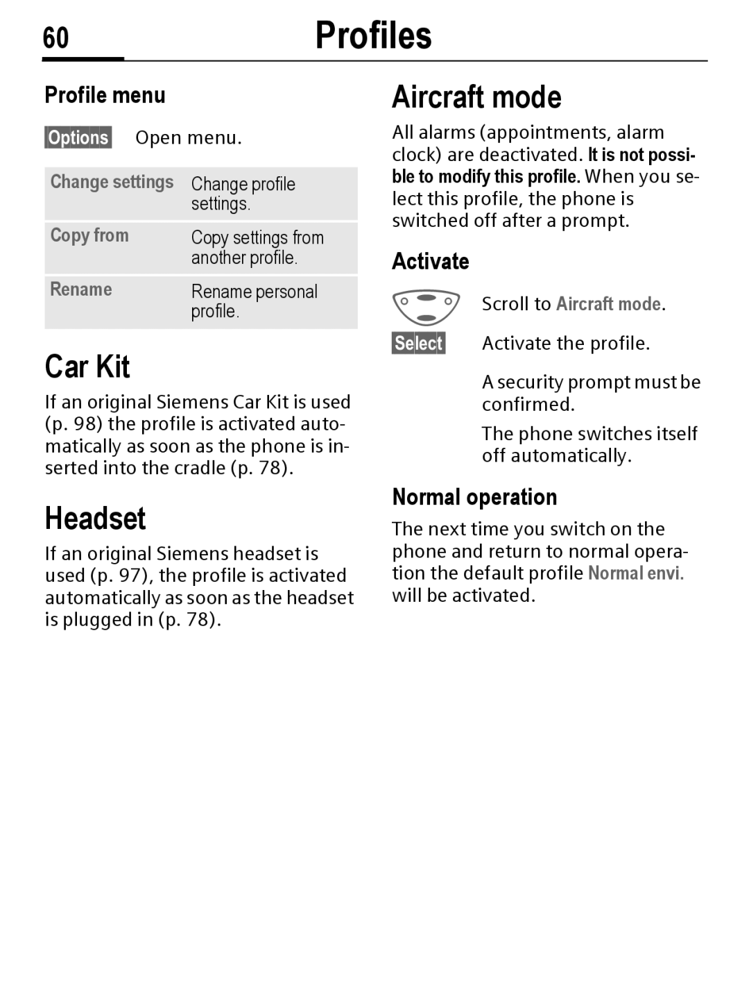 Siemens C56 manual 60Profiles, Car Kit, Headset, Aircraft mode 