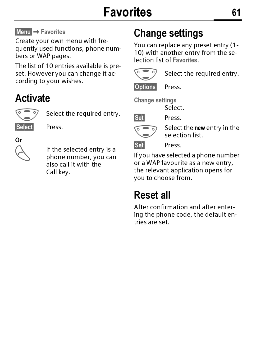 Siemens C56 manual Favorites61, Change settings, Reset all 