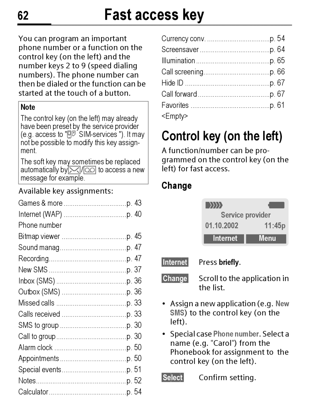 Siemens C56 manual Fast access key, Control key on the left, Change, Internet Menu 