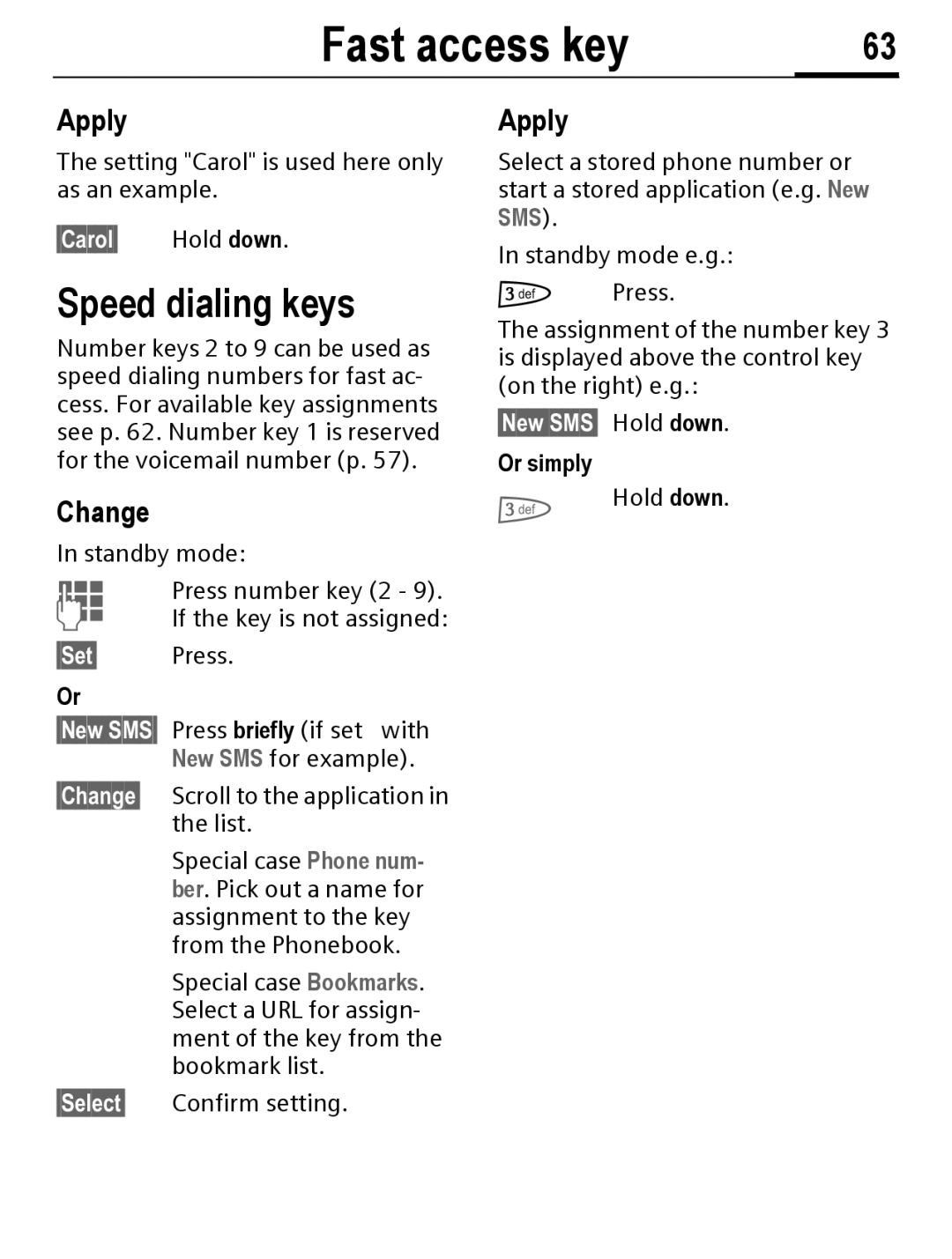 Siemens C56 manual Speed dialing keys, §Carol§ Hold down, §Set§, §Select§, §New SMS§ Hold down 