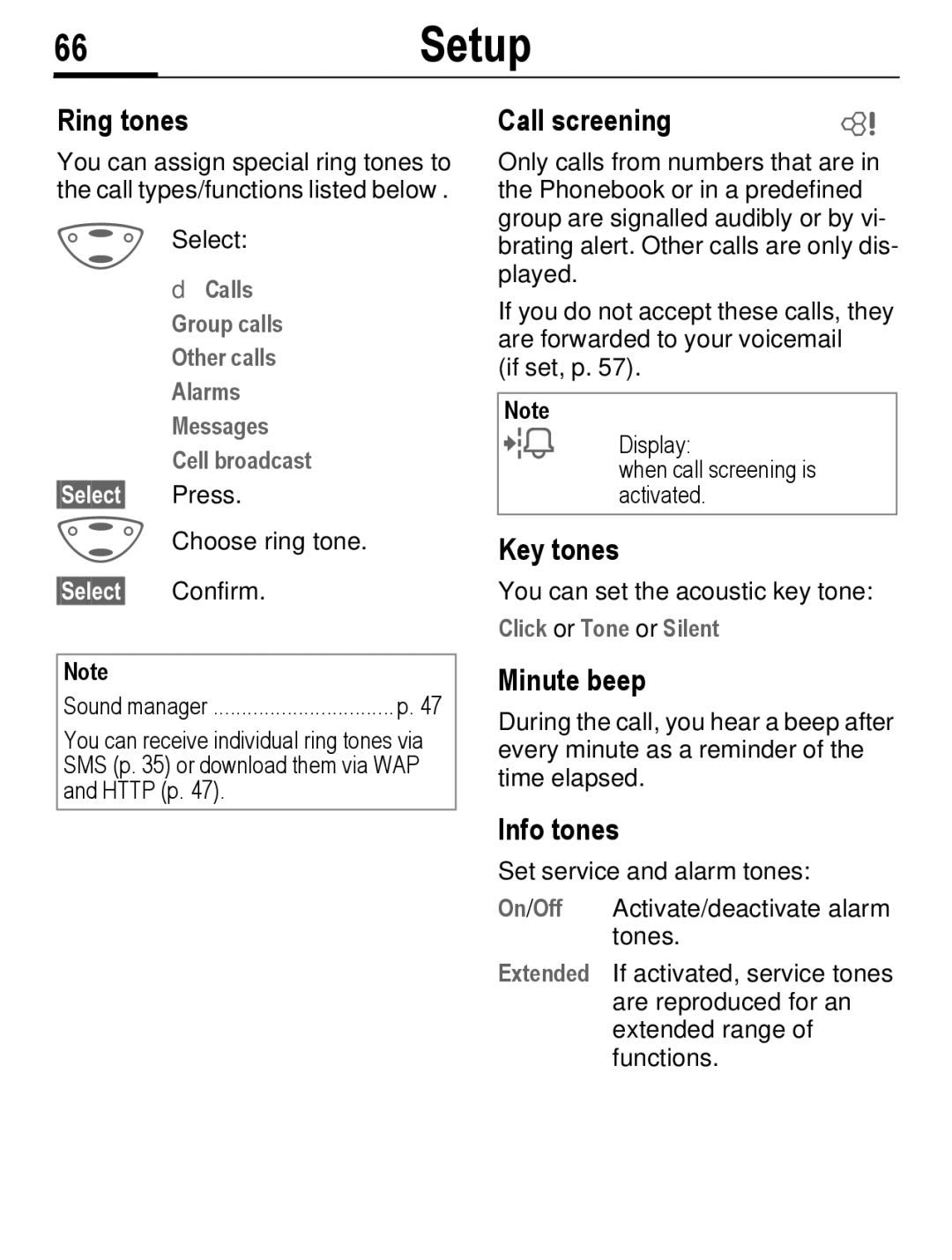 Siemens C56 manual 66Setup, Call screening, Key tones, Minute beep, Info tones 