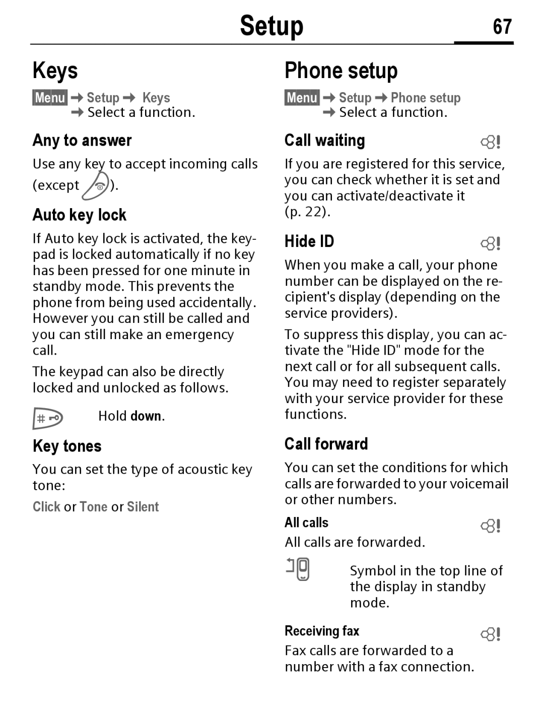 Siemens C56 manual Setup67, Keys, Phone setup 