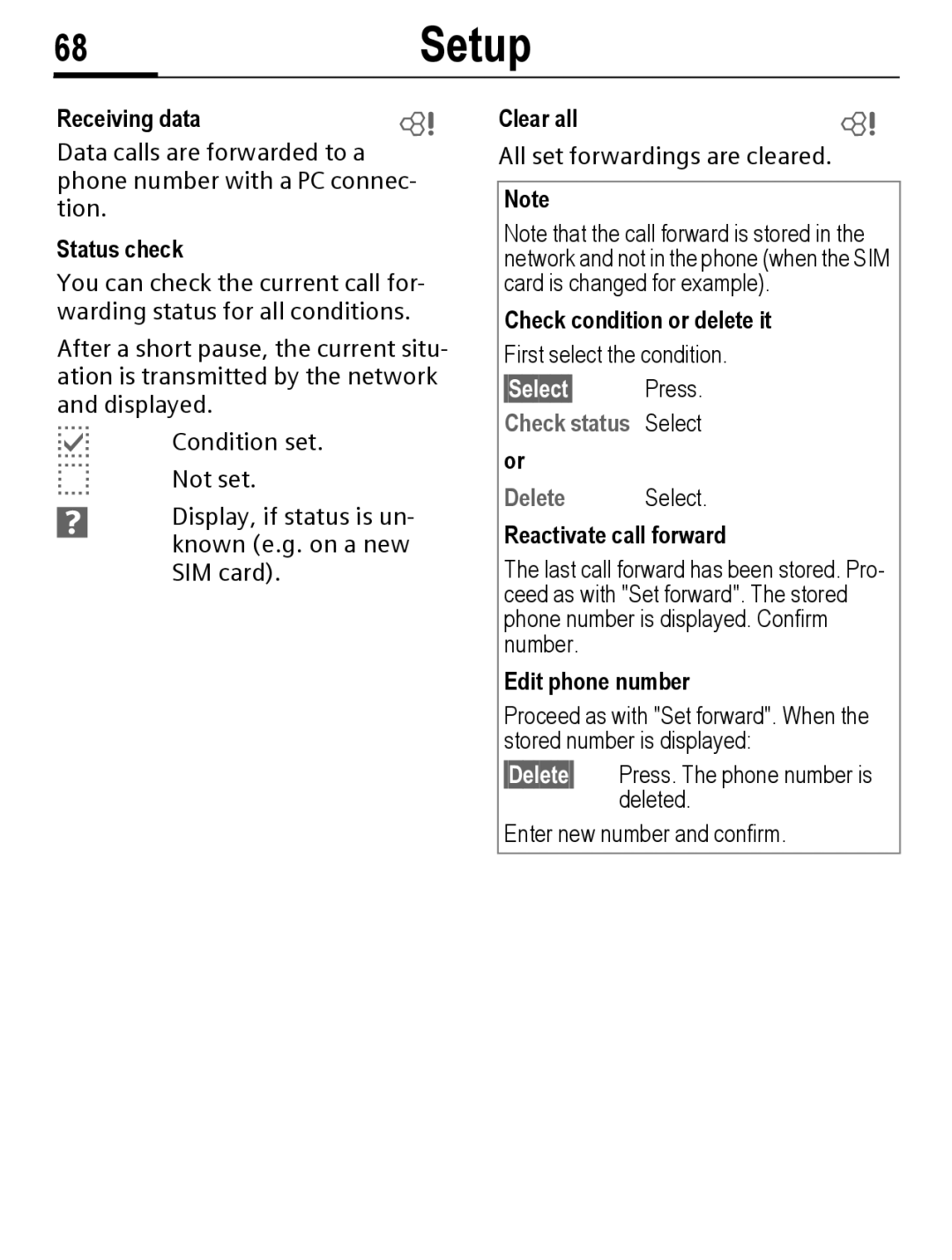 Siemens C56 manual 68Setup, §Select§ Press. Check status Select Delete Select 