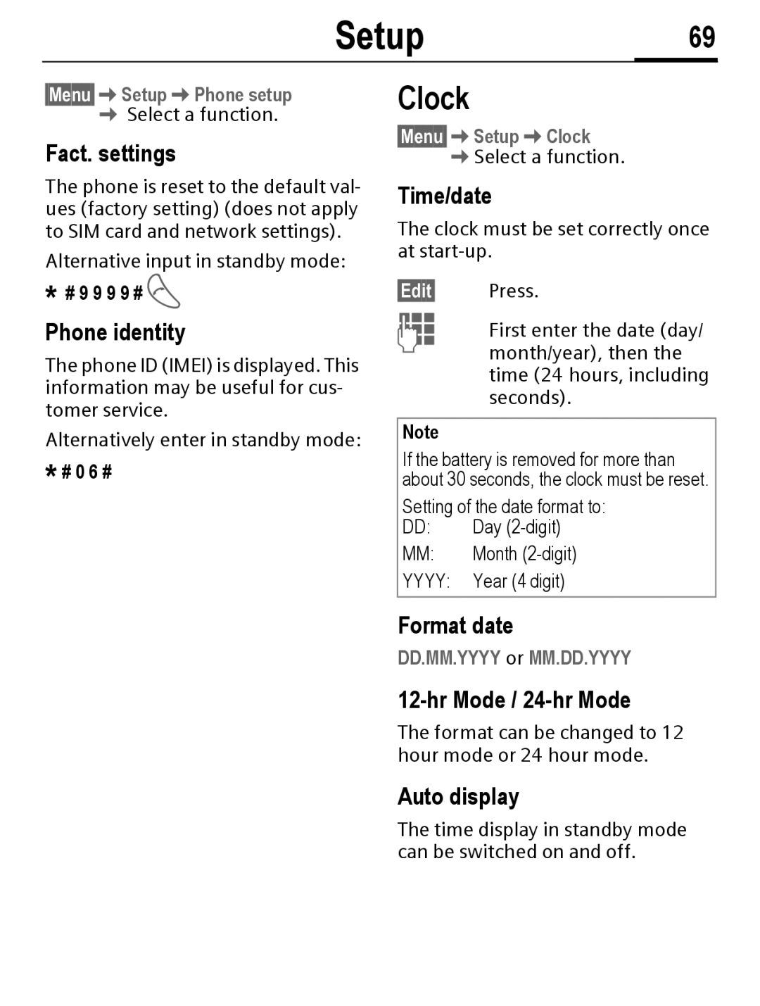 Siemens C56 manual Setup69, Clock 