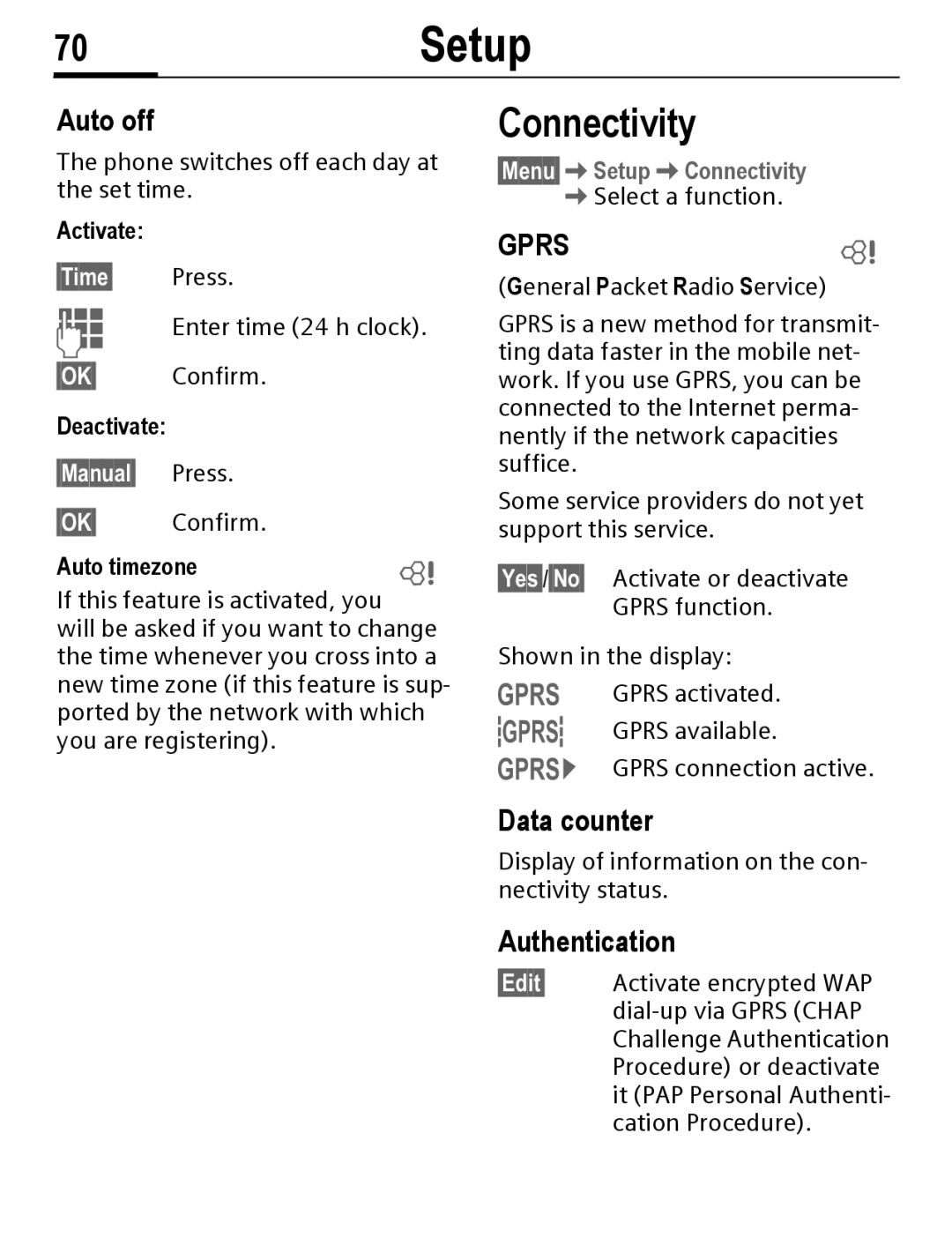 Siemens C56 manual 70Setup, Connectivity, Auto off, Data counter, Authentication 