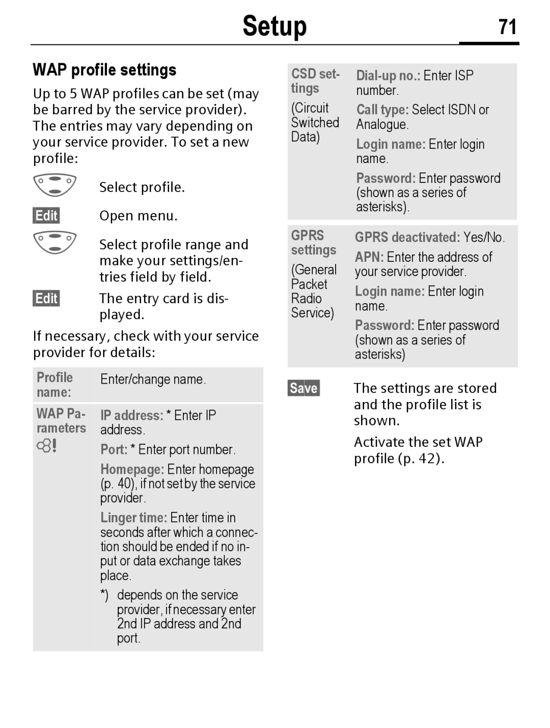 Siemens C56 manual Setup71, WAP profile settings 