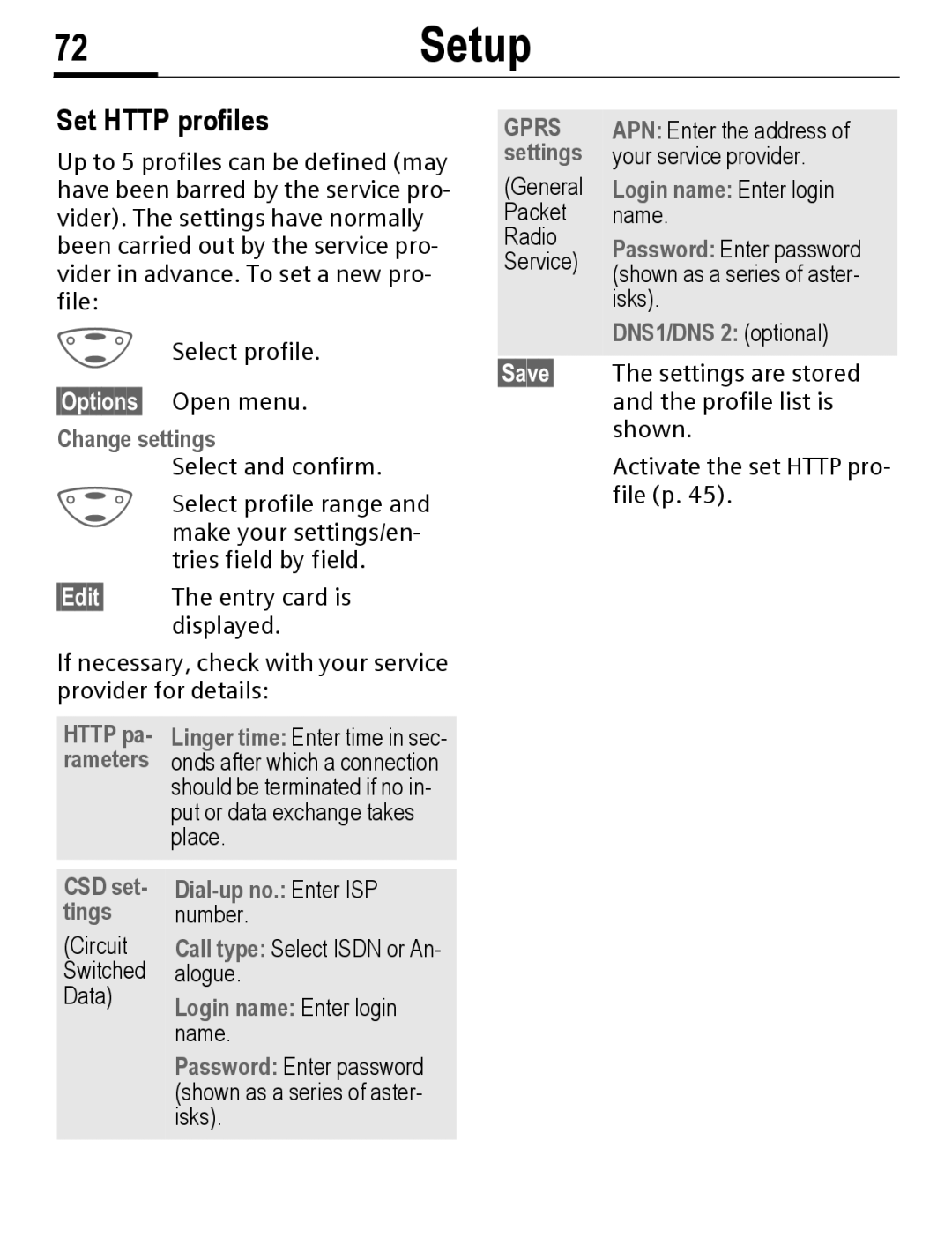 Siemens C56 manual 72Setup, Set Http profiles, §Options§ Open menu Change settings, Http pa, Rameters 