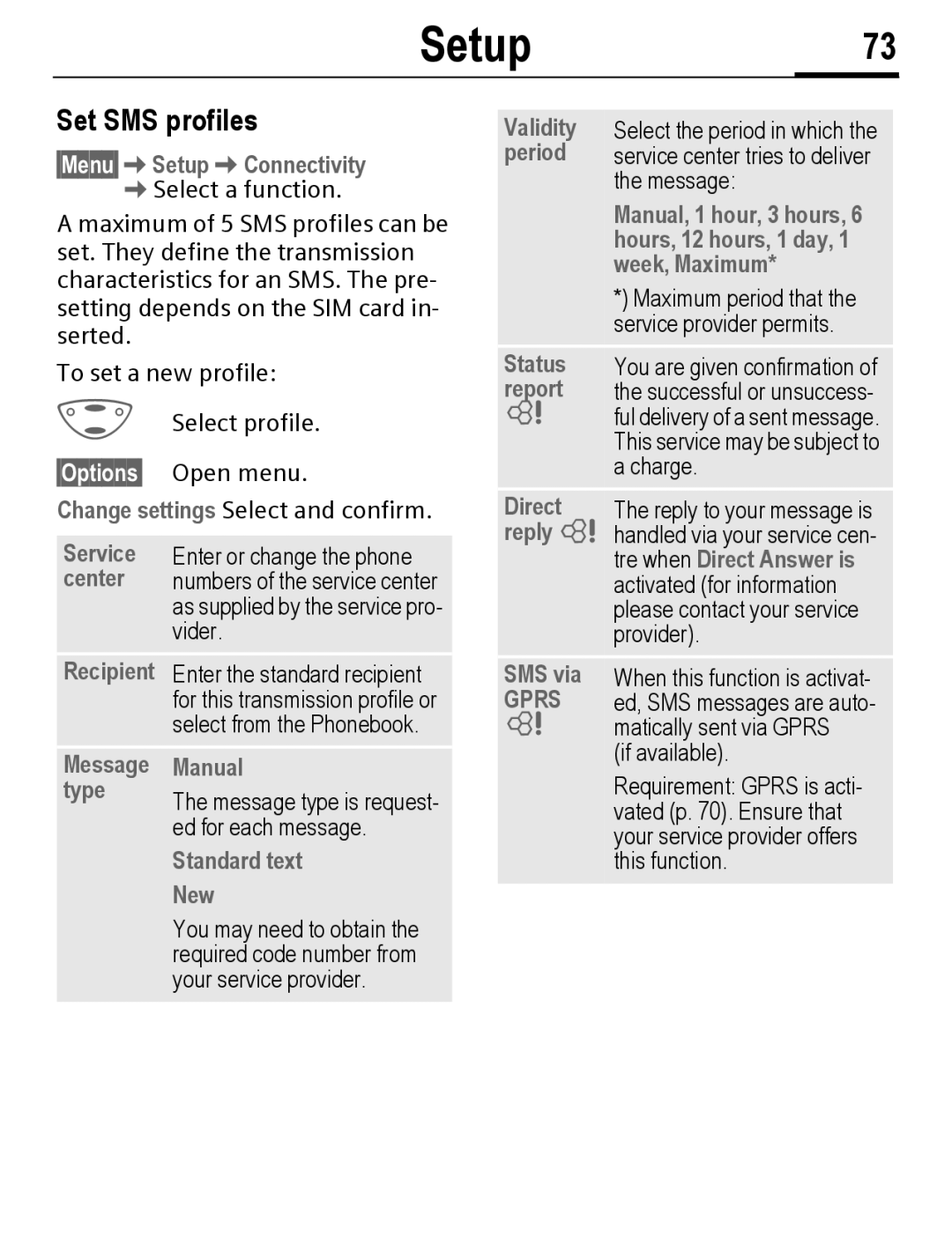 Siemens C56 manual Setup73, Set SMS profiles 