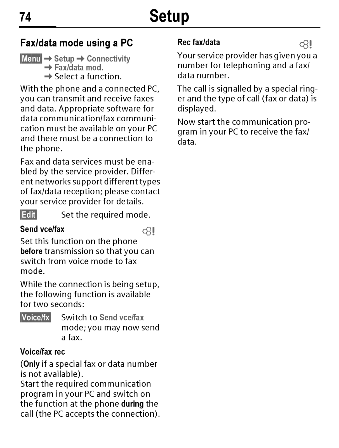 Siemens C56 manual 74Setup, Fax/data mode using a PC, Send vce/fax, Voice/fax rec, Rec fax/data 