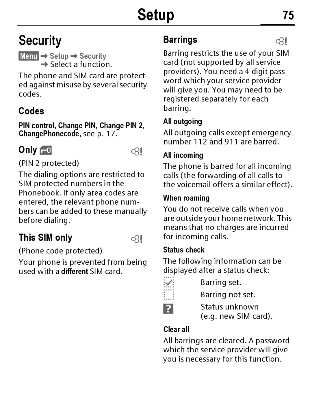 Siemens C56 manual Setup75, Codes, Barrings, §Menu§SetupSecurity Select a function 