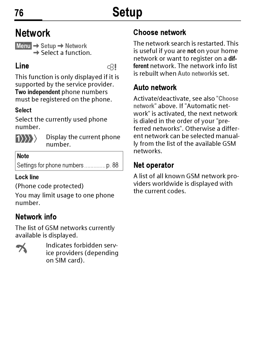 Siemens C56 manual 76Setup, Network 