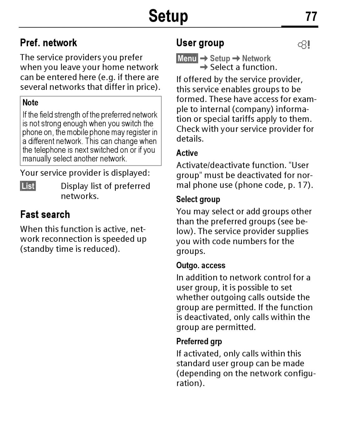 Siemens C56 manual Setup77, Pref. network, Fast search, User group, §Menu§SetupNetwork Select a function 