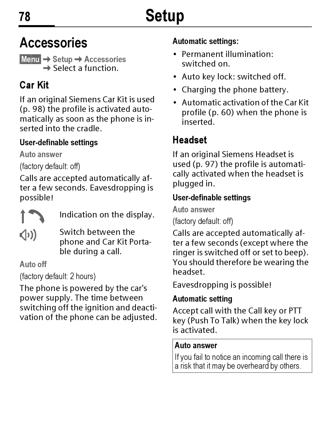 Siemens C56 manual 78Setup, Accessories, Car Kit, Headset 