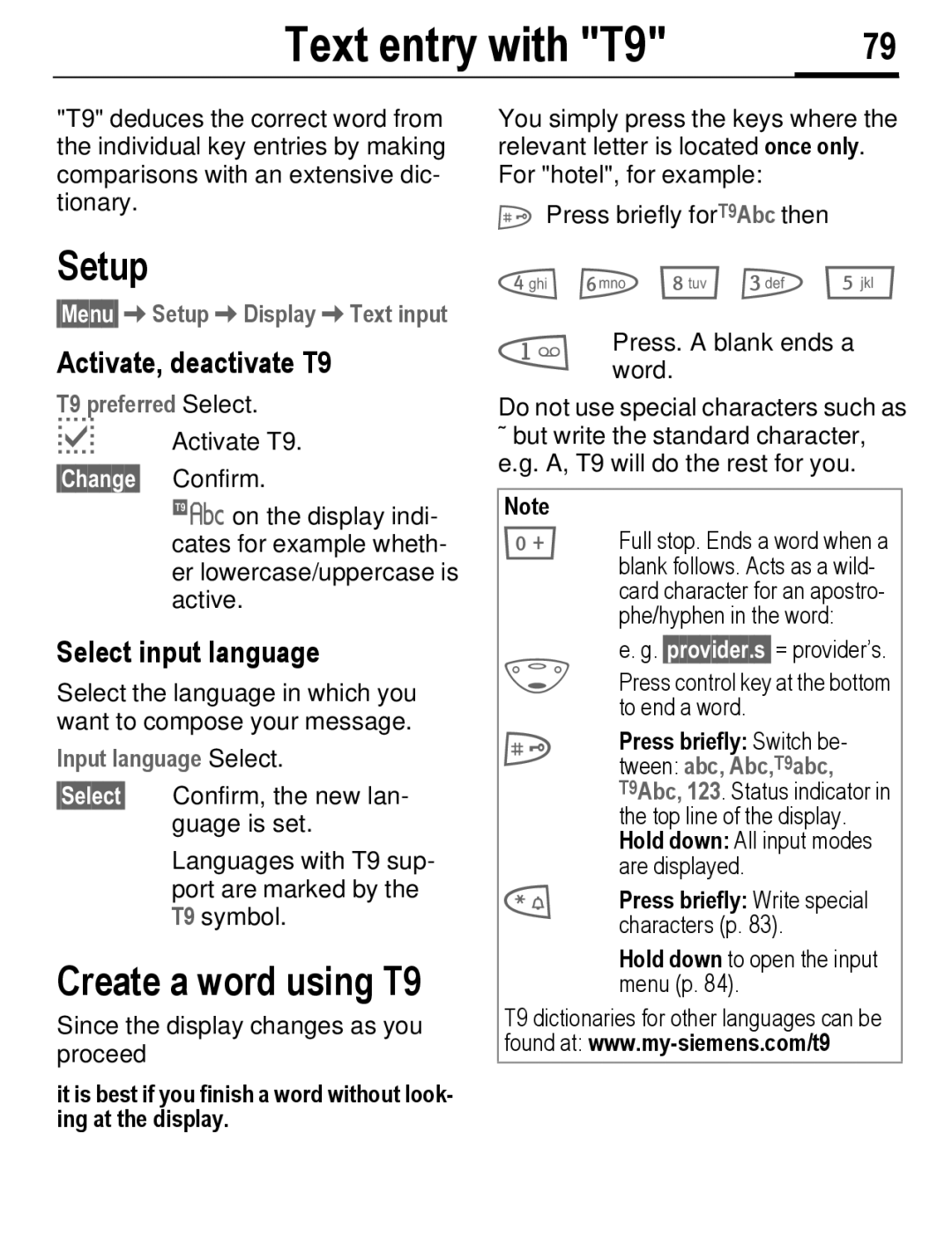 Siemens C56 manual Text entry with T9, Create a word using T9, Activate, deactivate T9, Select input language 