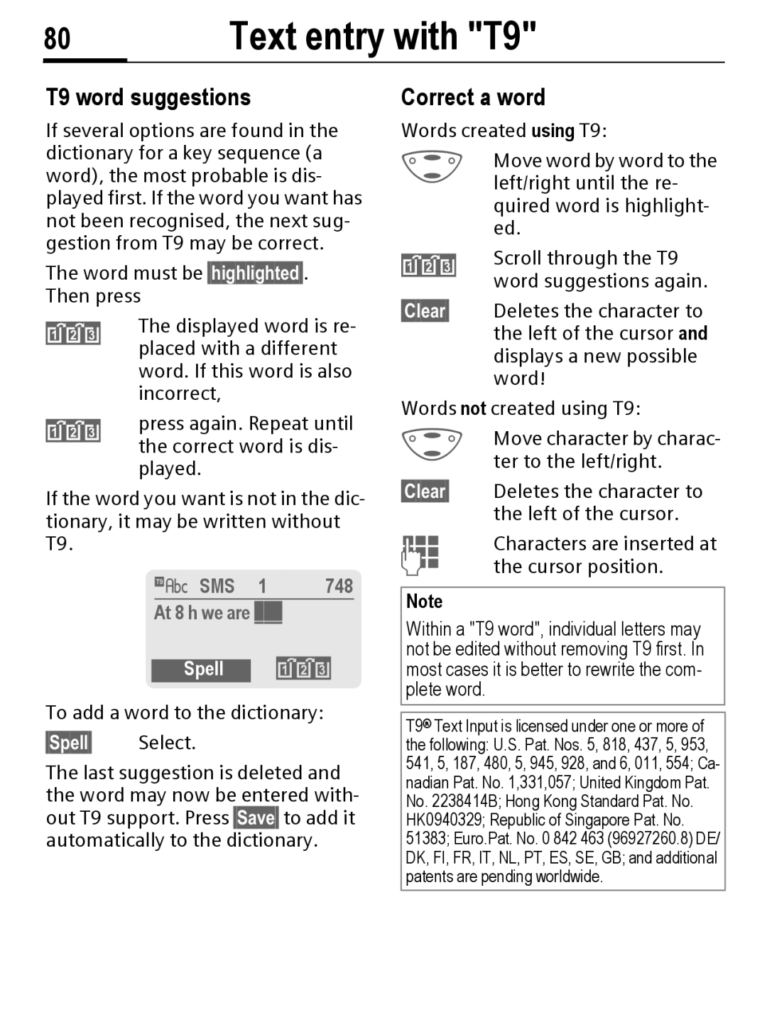 Siemens C56 manual T9 word suggestions, Correct a word, SMS 748 At 8 h we are, §Spell§ Select 