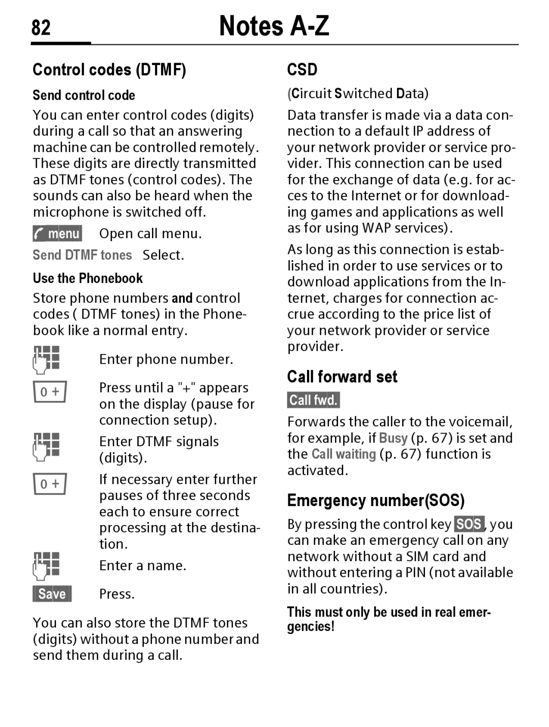 Siemens C56 manual ZControl codes Dtmf, Call forward set, Emergency numberSOS 