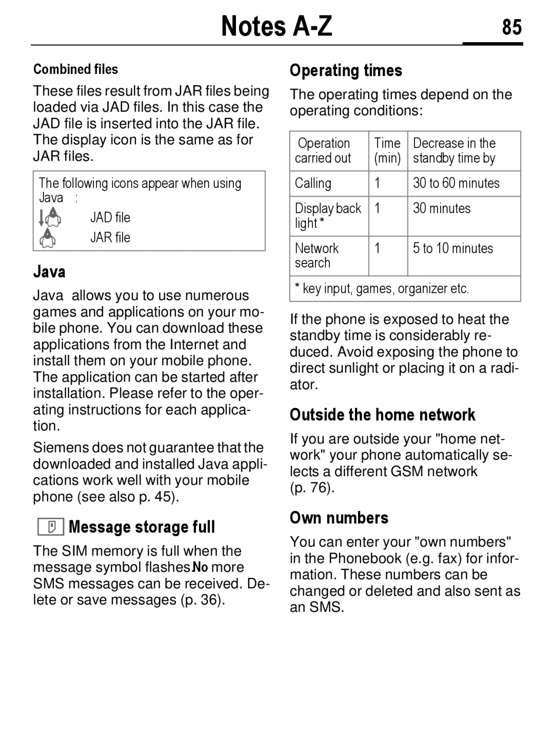 Siemens C56 manual Java, # Message storage full, Operating times, Outside the home network, Own numbers 