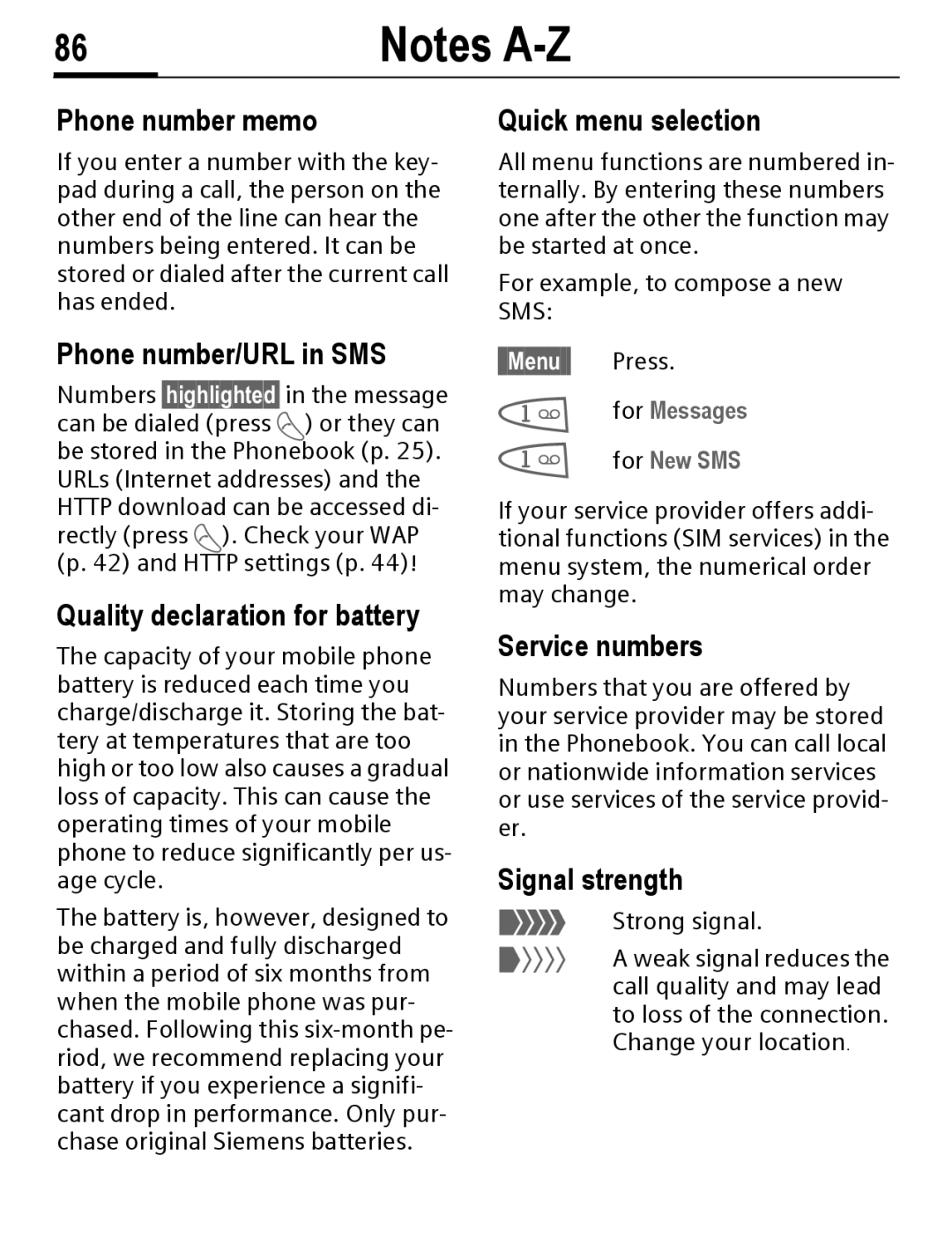 Siemens C56 manual Phone number memo, Phone number/URL in SMS, Quality declaration for battery, Quick menu selection 