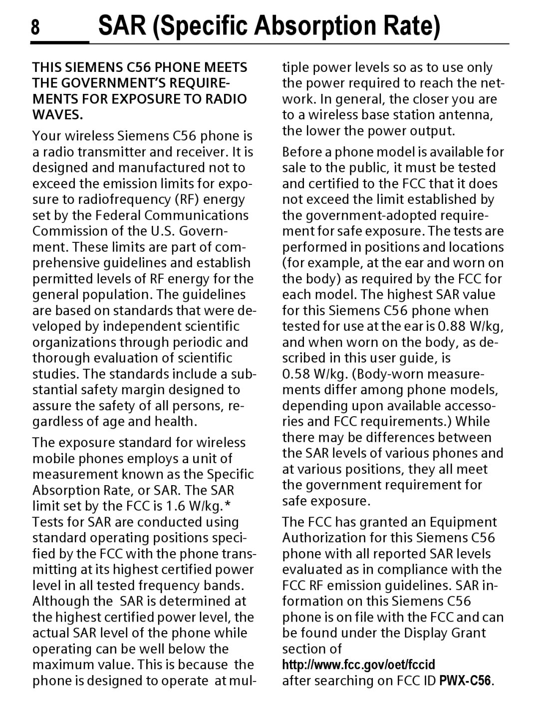 Siemens C56 manual SAR Specific Absorption Rate 