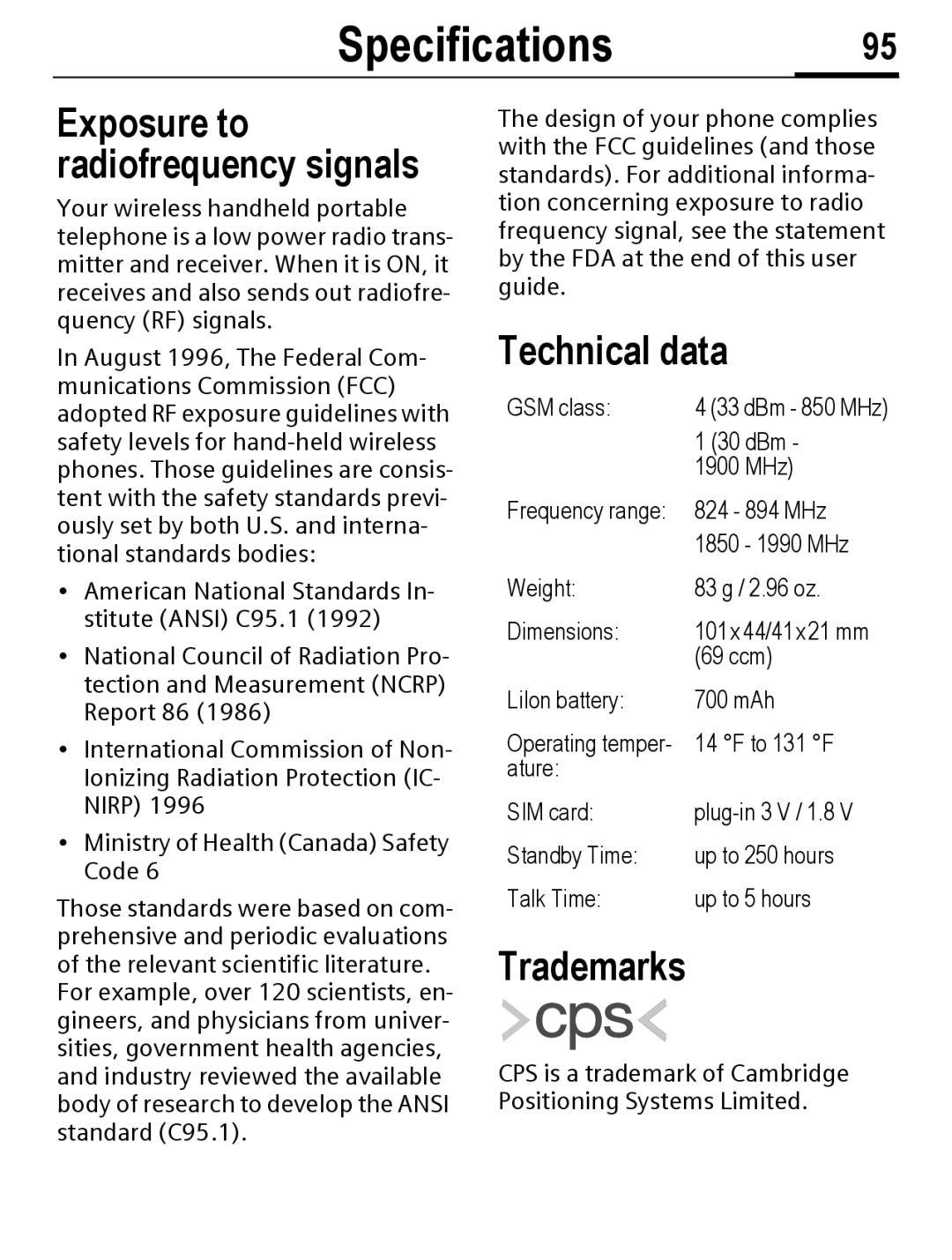 Siemens C56 manual Specifications95, Technical data, Trademarks 