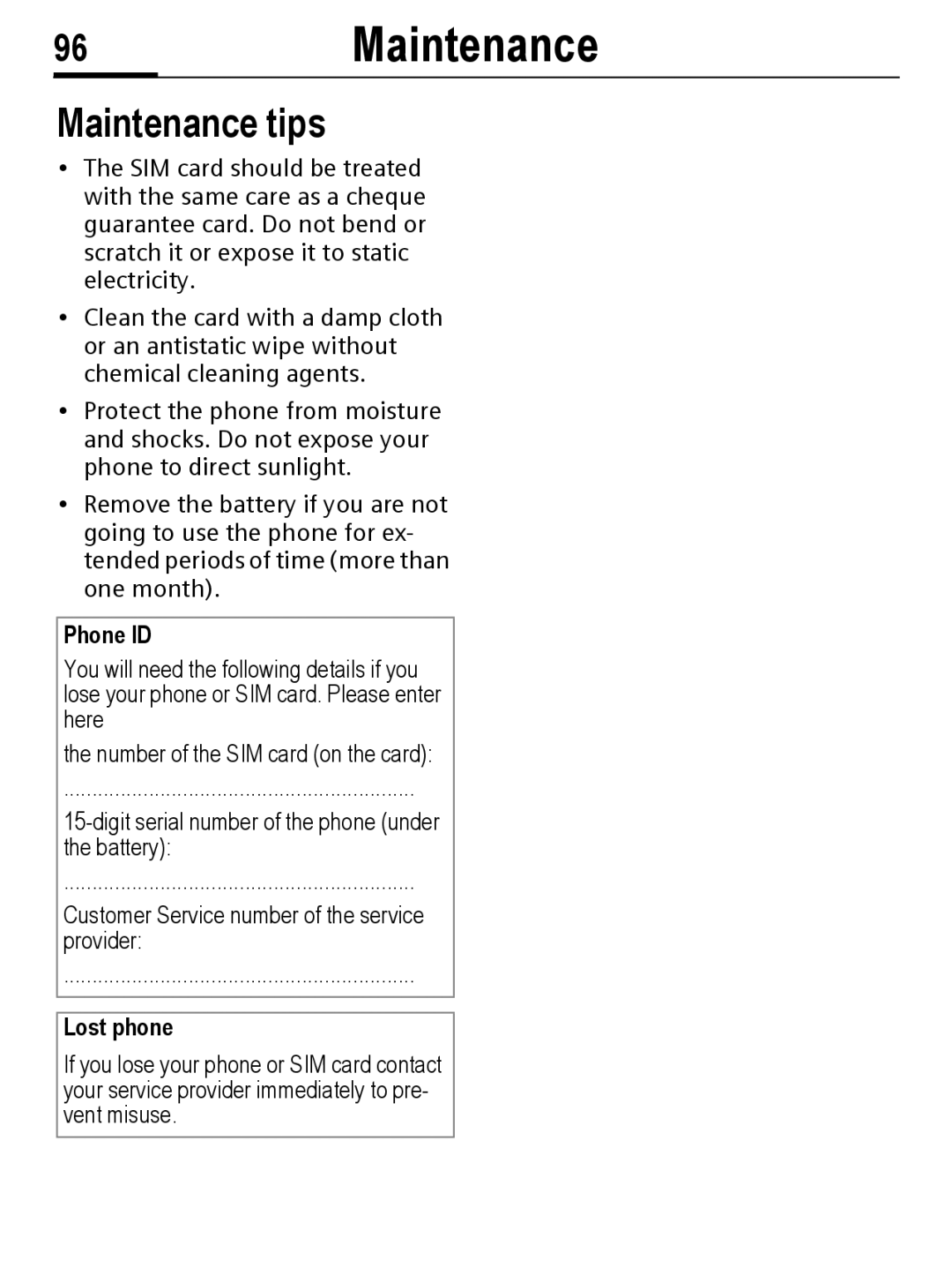 Siemens C56 manual 96Maintenance, Maintenance tips, Phone ID, Lost phone 