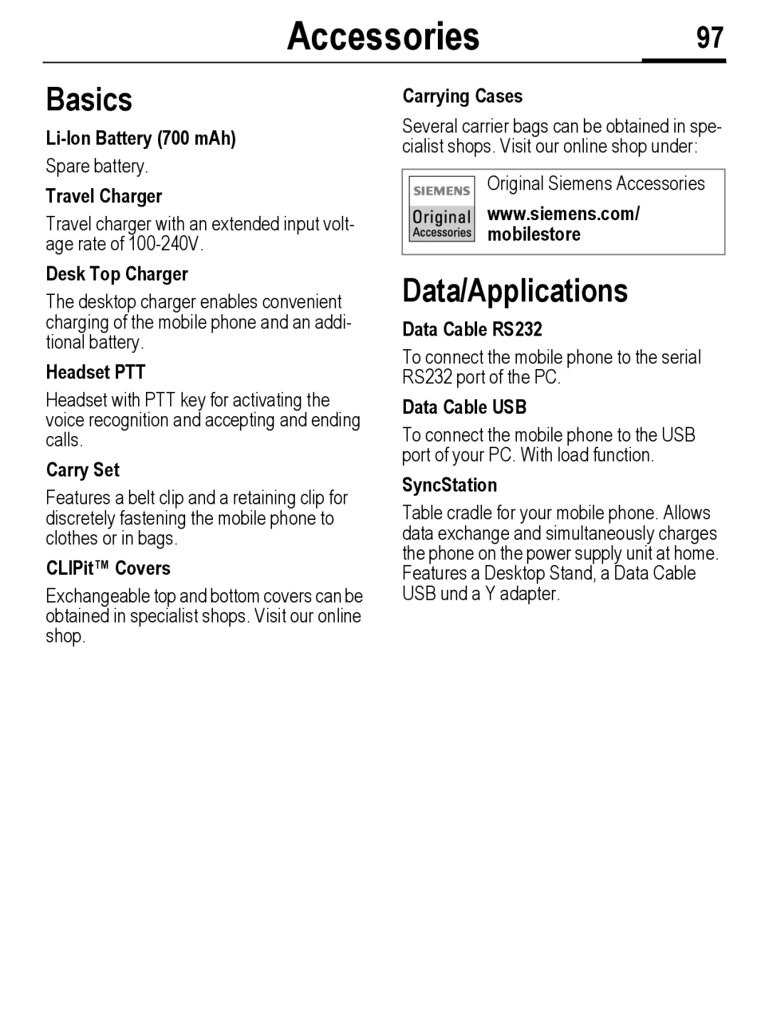 Siemens C56 manual Accessories, Data/Applications, Ories Basics 