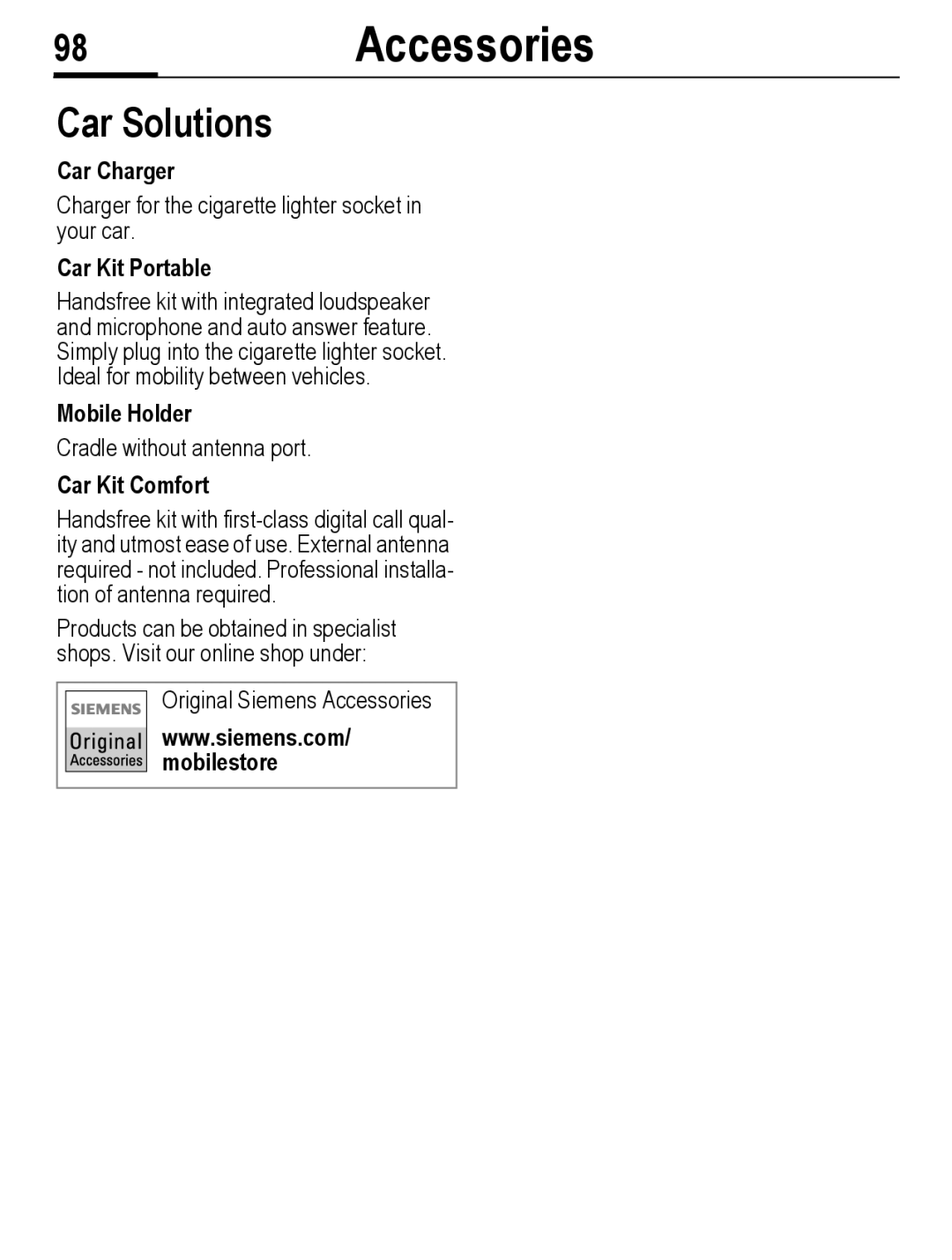 Siemens C56 manual 98Accessories, Car Solutions 