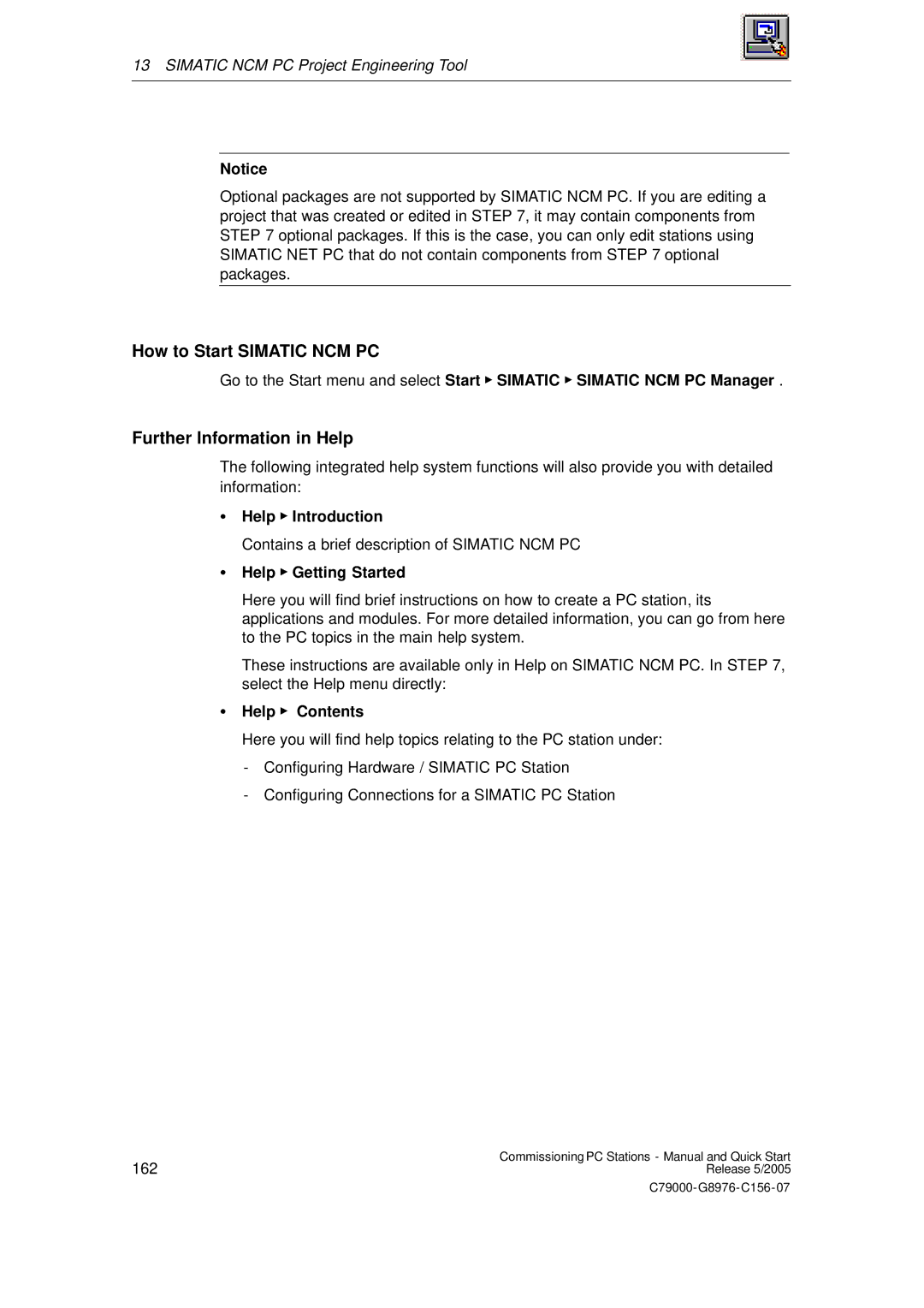 Siemens C79000-G8976-C156-07 How to Start Simatic NCM PC, Further Information in Help, Help Introduction, Help Contents 