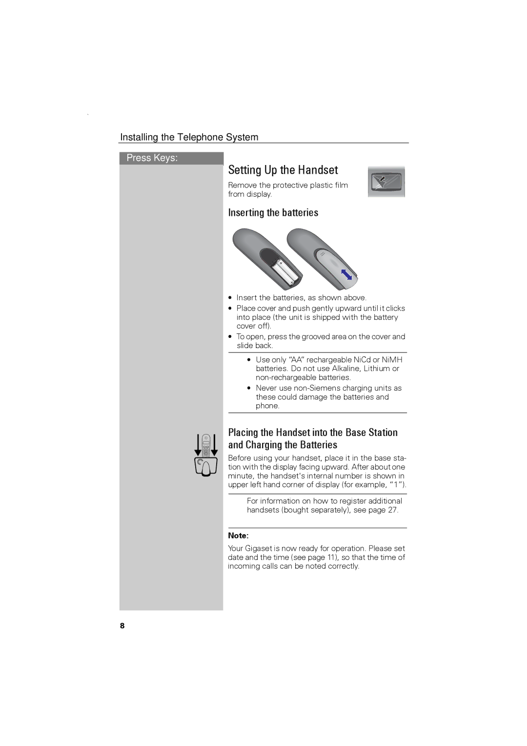 Siemens C88 user manual Setting Up the Handset, Inserting the batteries 