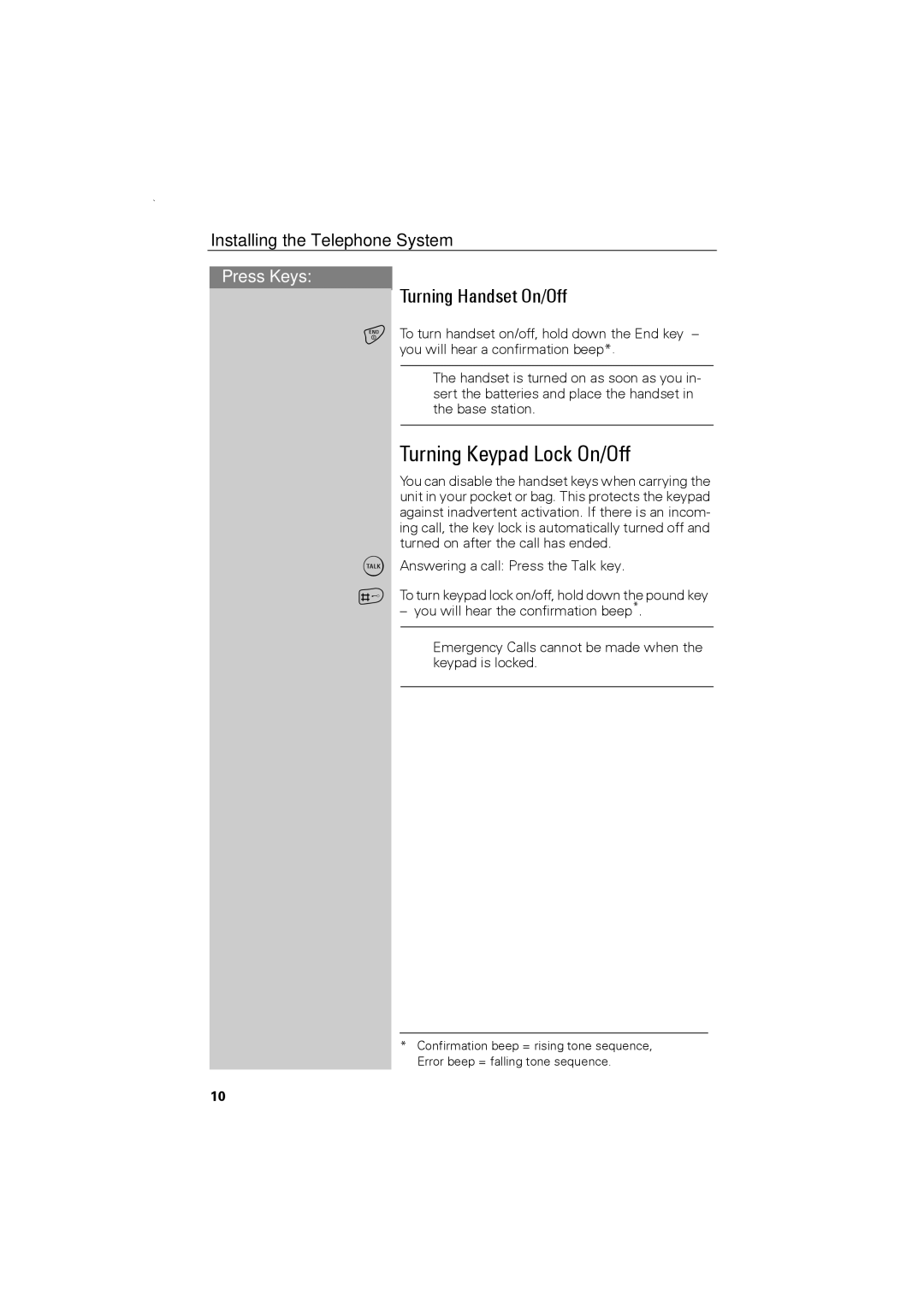 Siemens C88 user manual Turning Keypad Lock On/Off, Turning Handset On/Off 