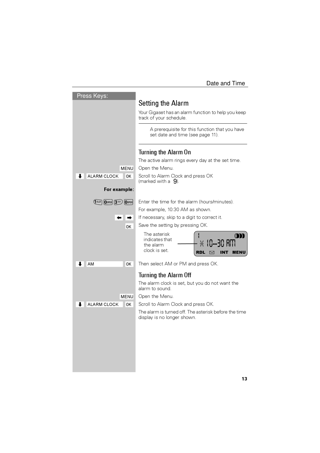 Siemens C88 user manual Setting the Alarm, Turning the Alarm On, Turning the Alarm Off 