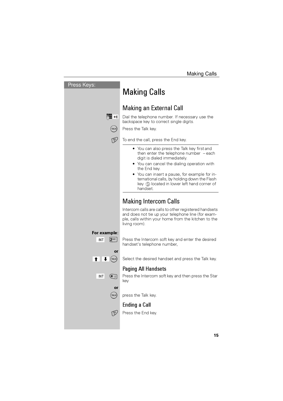 Siemens C88 user manual Making Calls, Making an External Call, Making Intercom Calls, Paging All Handsets, Ending a Call 