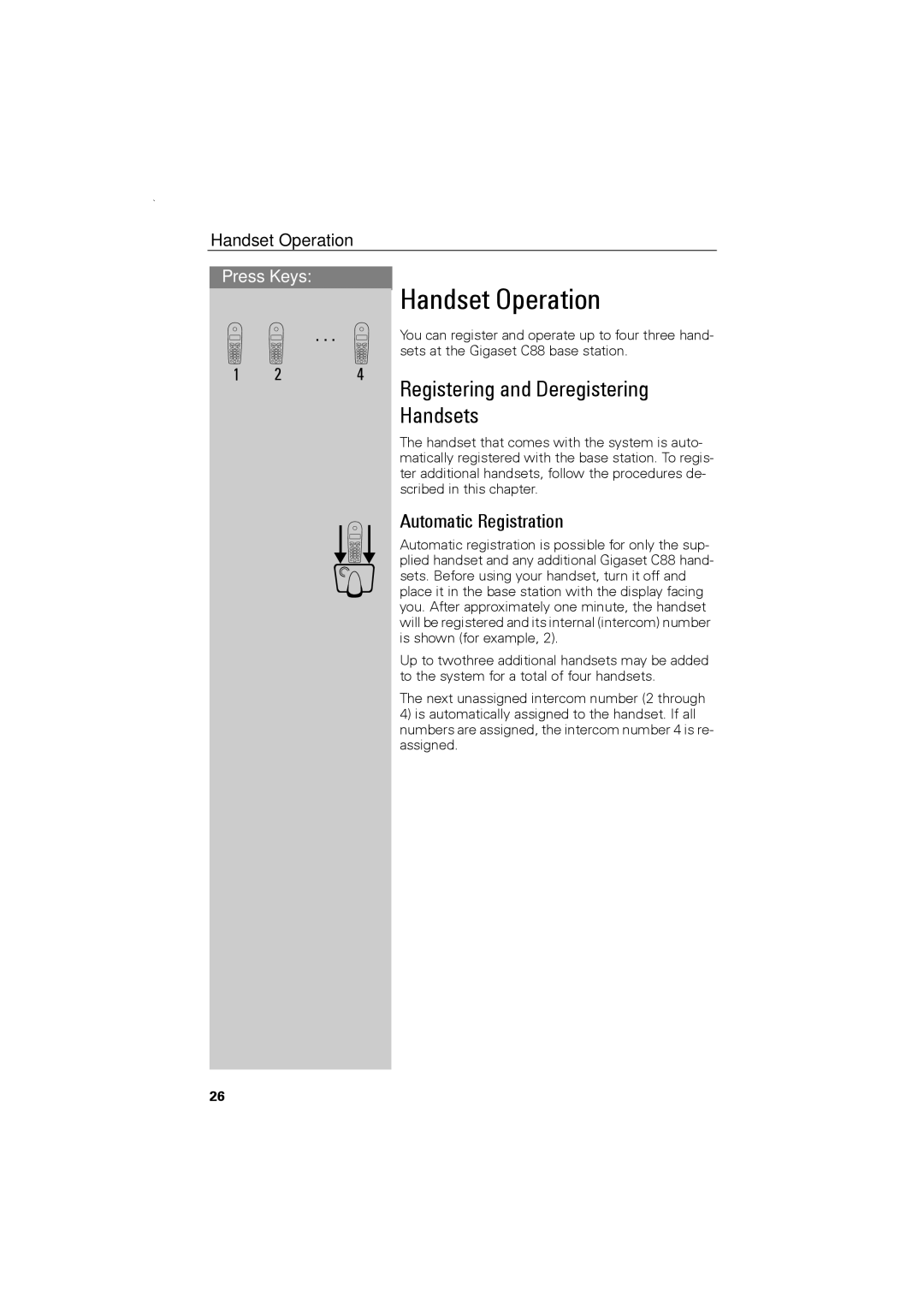 Siemens C88 user manual Handset Operation, Registering and Deregistering Handsets, Automatic Registration 