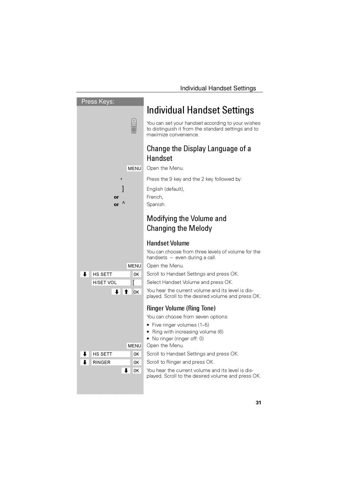 Siemens C88 Individual Handset Settings, Change the Display Language of a Handset, Handset Volume, Ringer Volume Ring Tone 