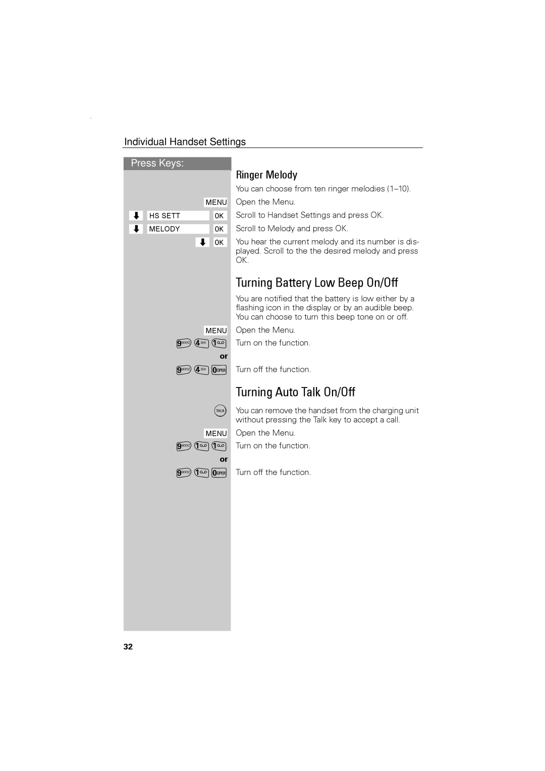 Siemens C88 user manual Turning Battery Low Beep On/Off, Turning Auto Talk On/Off, Ringer Melody 