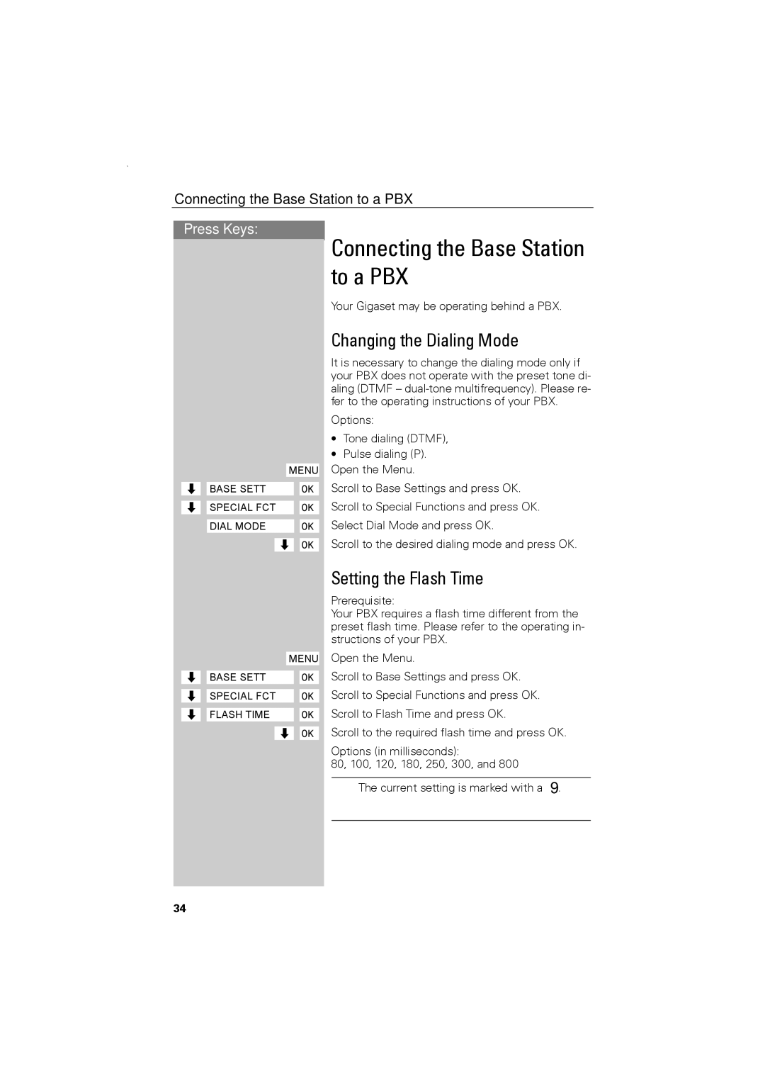 Siemens C88 user manual Connecting the Base Station to a PBX, Changing the Dialing Mode, Setting the Flash Time 