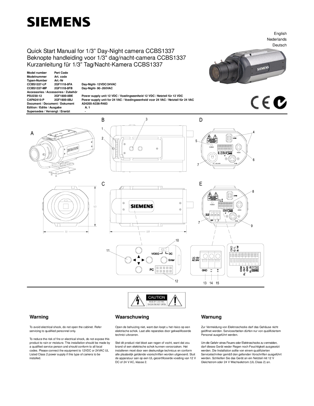 Siemens CCBS1337 quick start manual Waarschuwing Warnung 