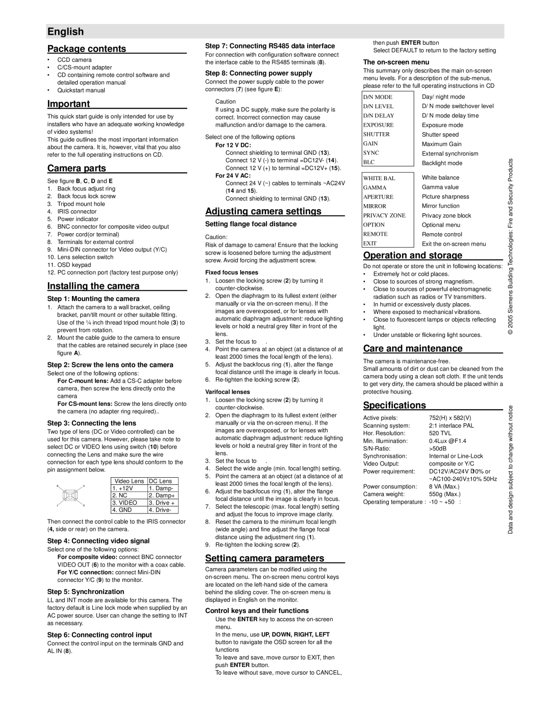 Siemens CCBS1337 Package contents, Camera parts, Installing the camera, Adjusting camera settings, Operation and storage 