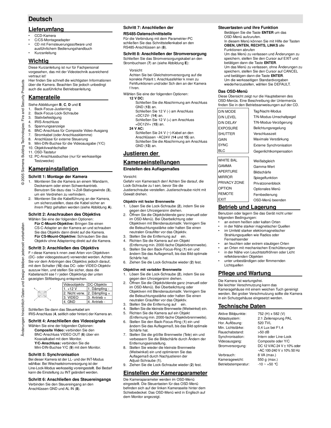 Siemens CCBS1337 Lieferumfang, Wichtig, Kamerateile, Kamerainstallation, Justieren der Kameraeinstellungen 