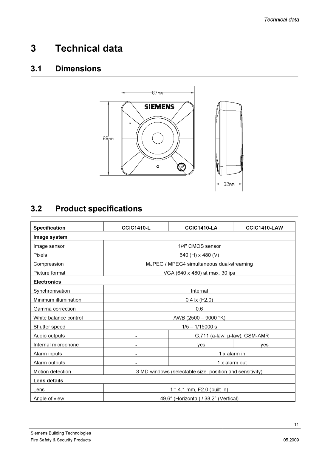 Siemens Technical data, Dimensions Product specifications, Specification CCIC1410-L Image system, Electronics 